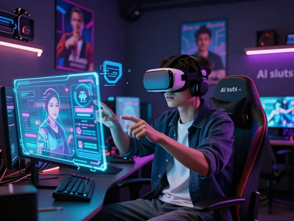 Engaged user in VR experience with AI slut avatars in a modern gaming setup.