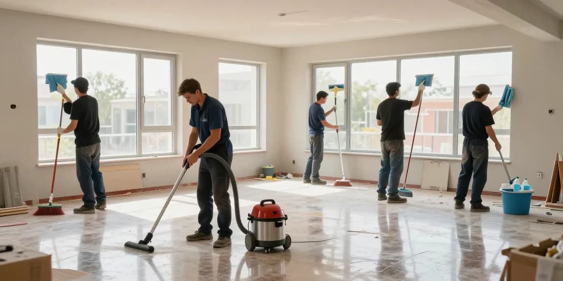 A professional clean team details the area post-construction, highlighting the bauendreinigung preis for thorough final cleaning services.