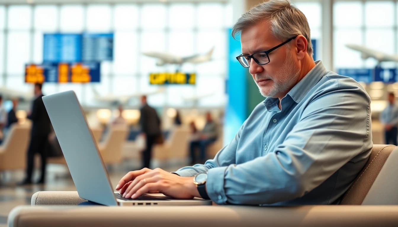 Submit your uk eta online application efficiently with a focused traveler working at an airport lounge.