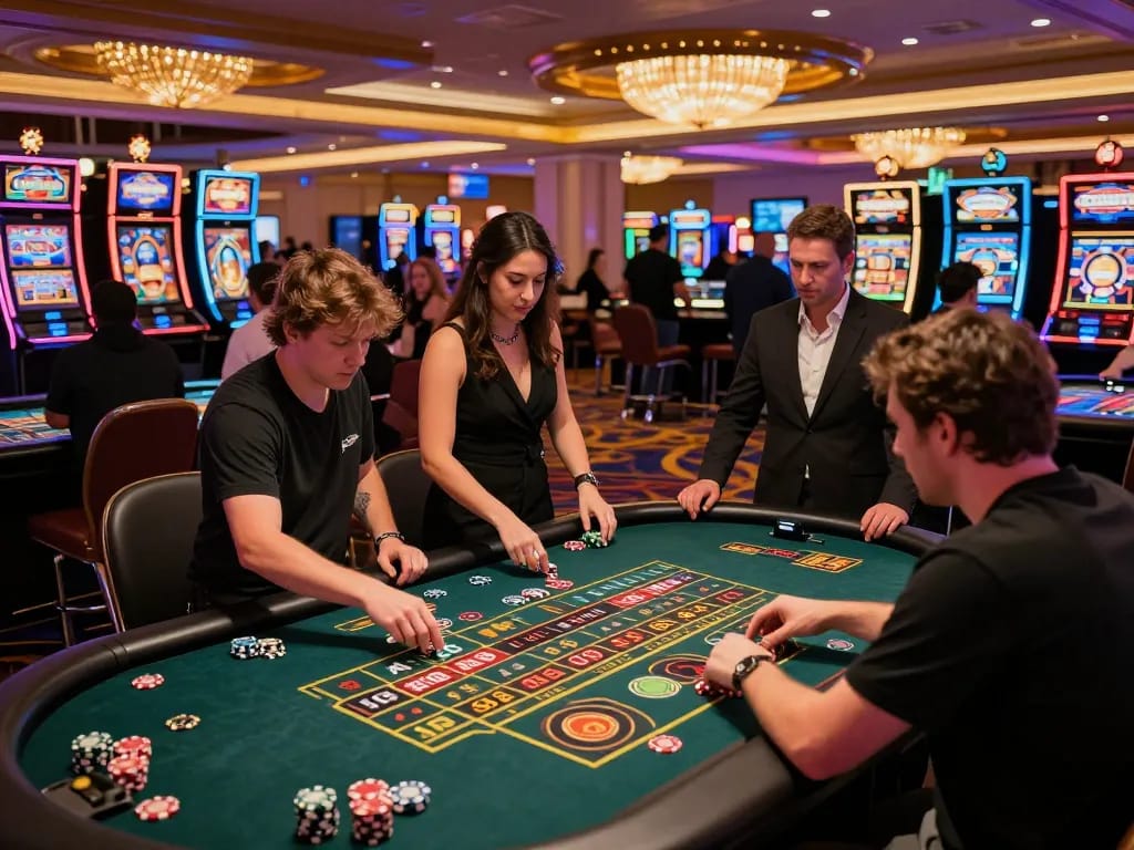 Players engaging at FC88 roulette tables in a lively Vegas casino, showcasing high-stakes excitement.