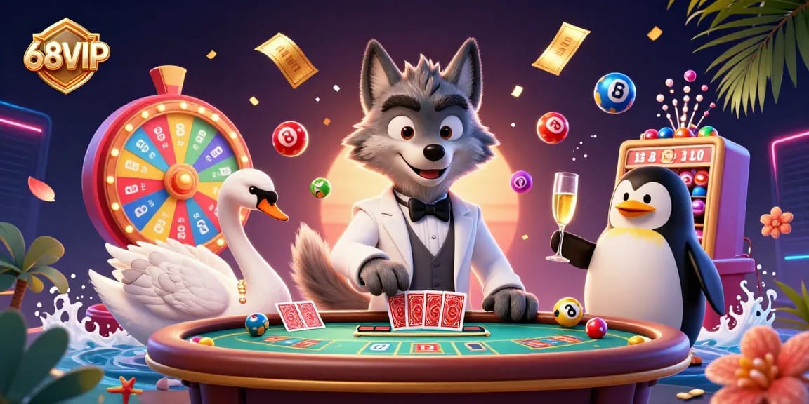 Experience the excitement of 68VIP casino with dynamic lottery balls and engaging characters.