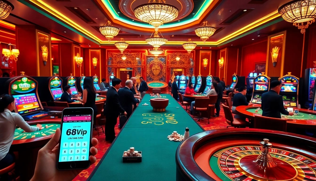 Engaging gamblers at the casino, showcasing Link Vào Nhà Cái 68VIP with vibrant slot machines and poker tables.