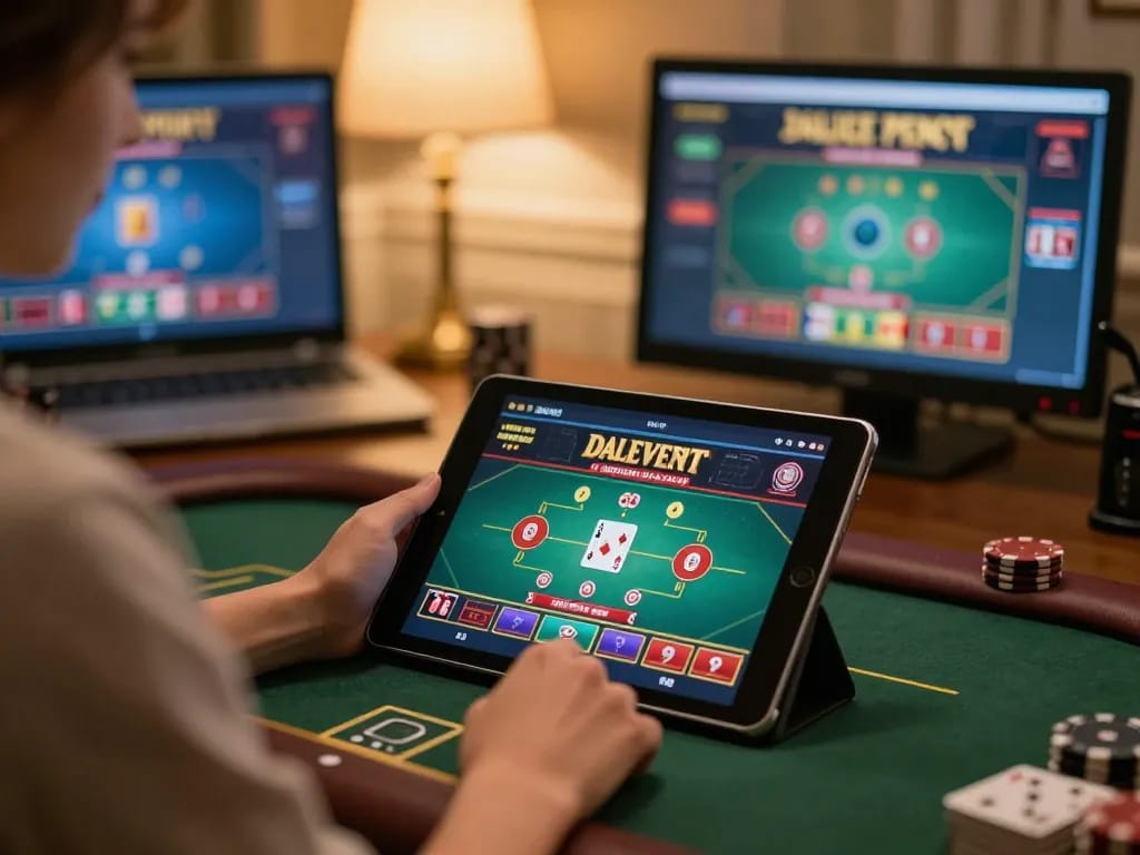 Playing blackjack online at home through MB66 casino tablet with cozy lighting