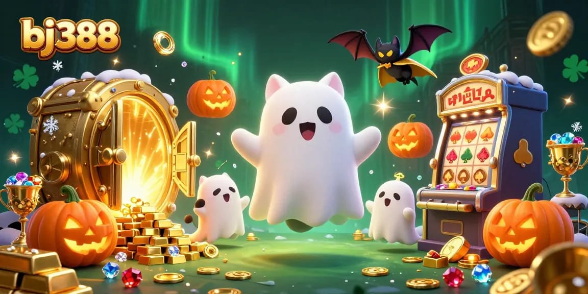 Experience thrilling bets at bj388 with a ghost cat and treasure-rich casino scene.