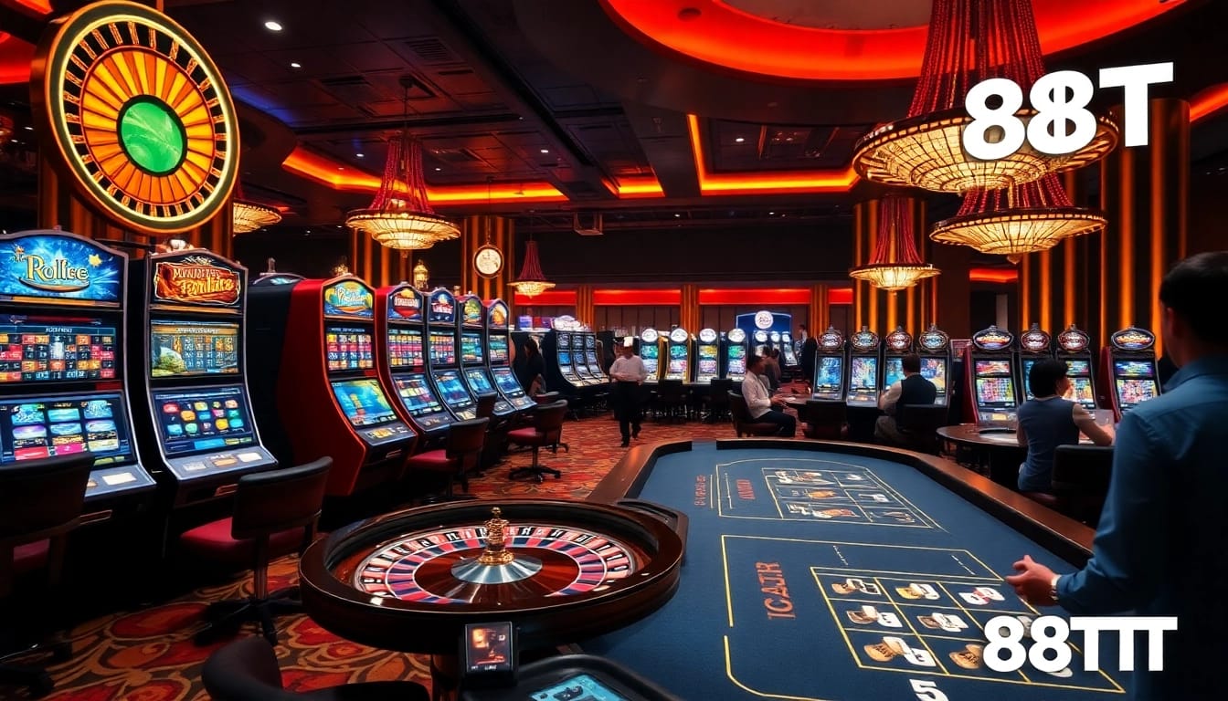 Experience the excitement of 88TT with players engaging at luxurious slot machines and roulette tables.