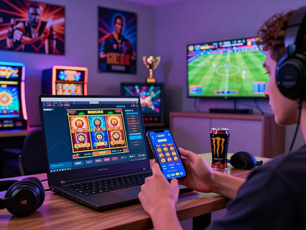 Engaged player using SC88.com app in a vibrant gaming setup with casino visuals.