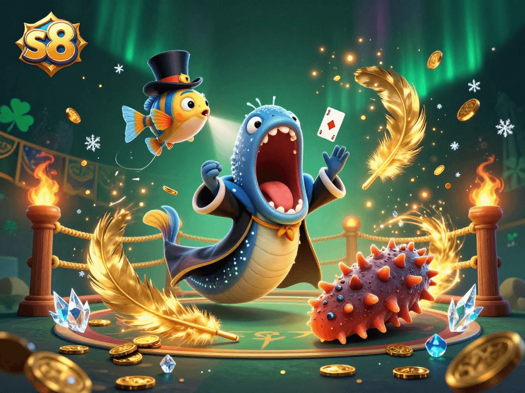 Experience thrilling S8 gaming with vibrant characters and casino elements in a magical underwater scene.