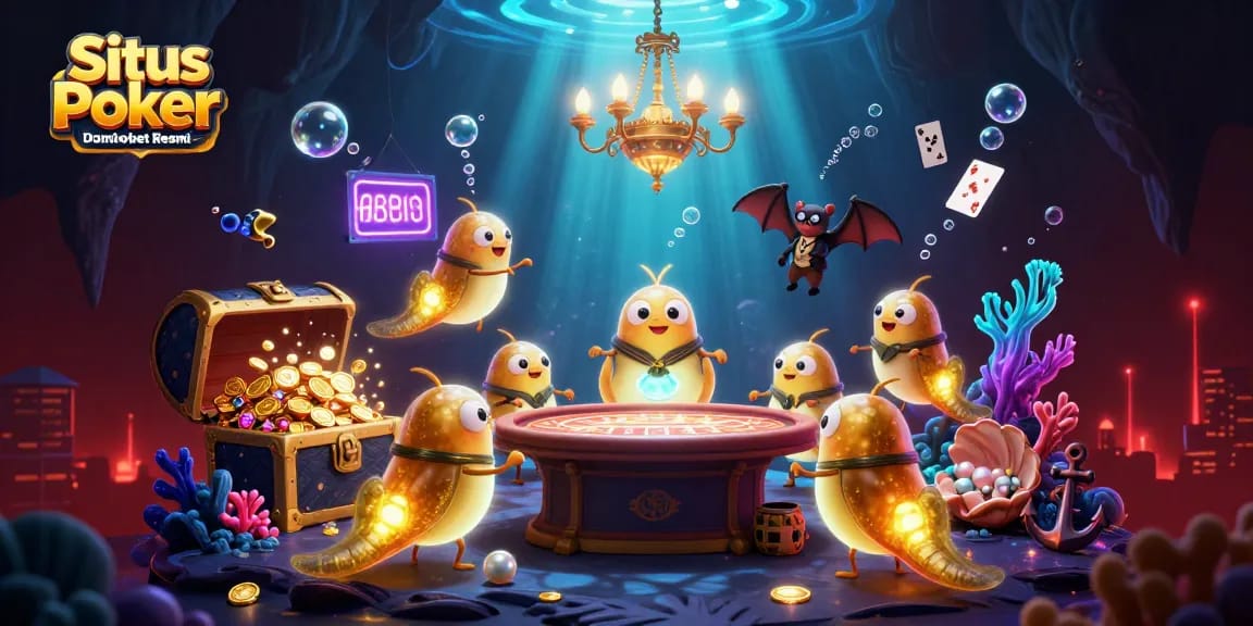 Situs Poker Dominobet Resmi lights up the gaming experience with vibrant glowworms and casino elements.