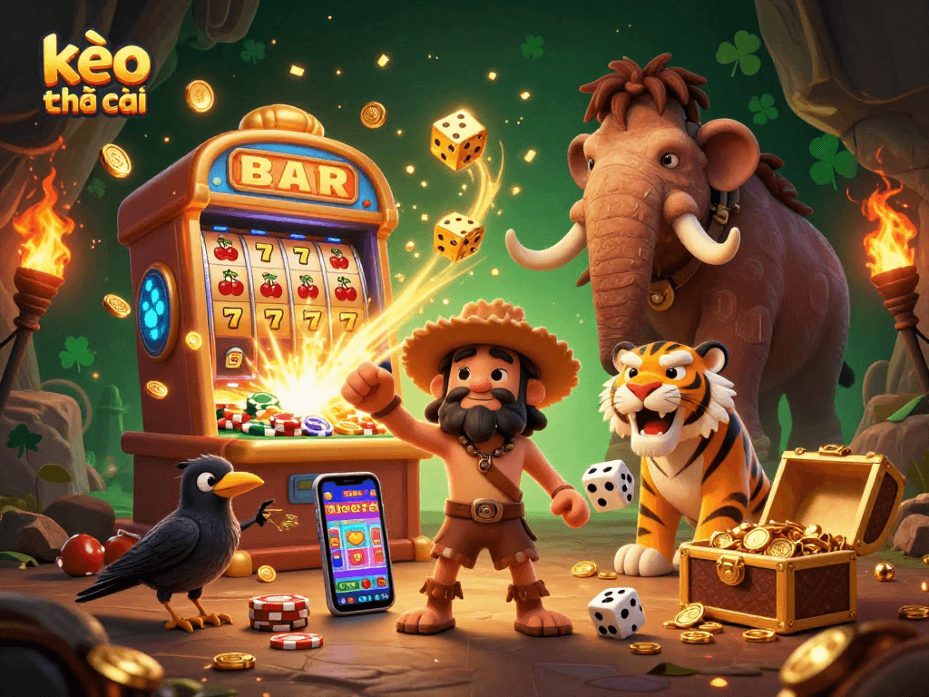 Engage with kèo nhà cái featuring a dynamic caveman and sabertooth duo in a vibrant prehistoric casino scene.