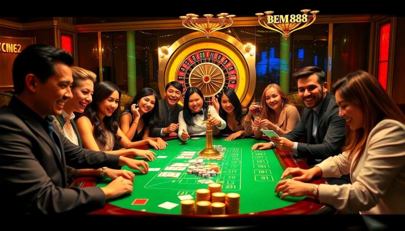 Experience the excitement of ĐĂNG KÝ BEM88 at a vibrant casino table with engaged players and luxurious decor.