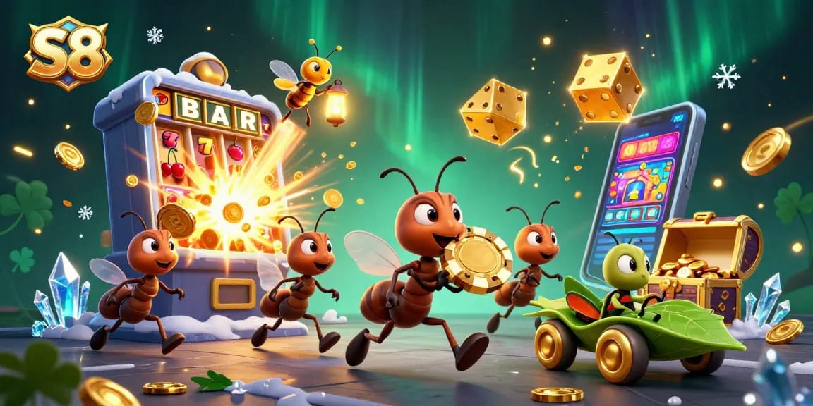 Experience the excitement of S8 with cartoon ants heisting a golden poker chip amidst a vibrant casino theme.