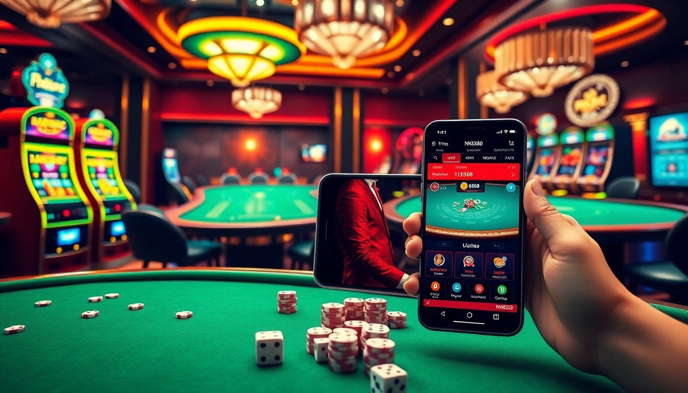 Experience thrilling gambling at https://nk88s.net/ with energetic casino visuals showcasing poker chips and slot machines.