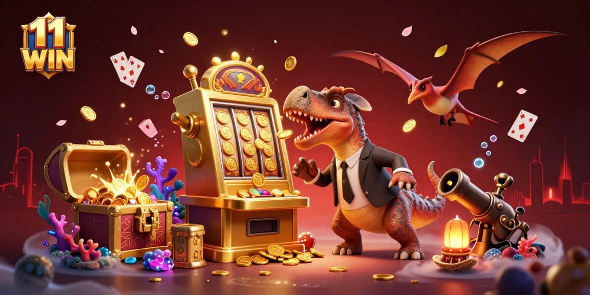 Win big with 11 WIN illustrated casino scene featuring dynamic creatures and vibrant gaming elements.