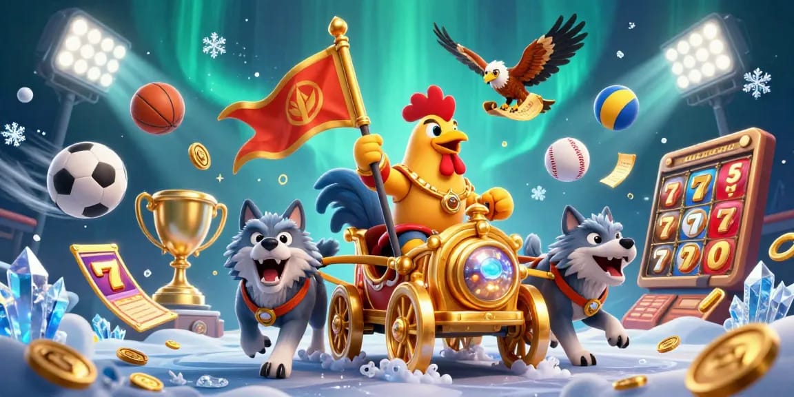 Dynamic casino scene at suncity features a rooster warlord in 3D chariot, evoking thrilling gaming adventures.
