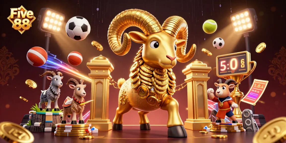 Experience dynamic sports betting action with the Golden Ram at Five 88 casino, amidst flying sports balls and glowing trophy elements.
