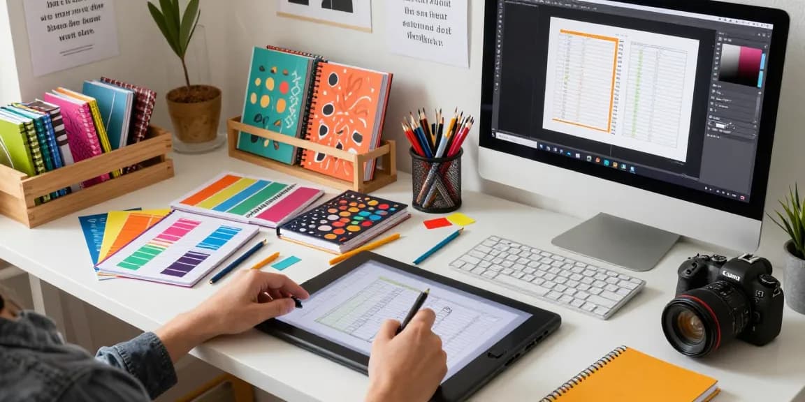 Custom printed notebooks designed in a bright workspace with colorful stationery and vibrant inspiration.