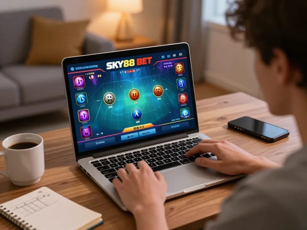 Experience SKY88 bet through engaging online live dealer games in a cozy home setting.
