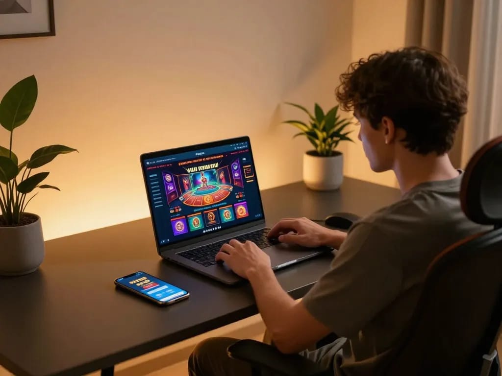 Engaging with XX 88 online casino on a sleek laptop at a cozy gaming setup.