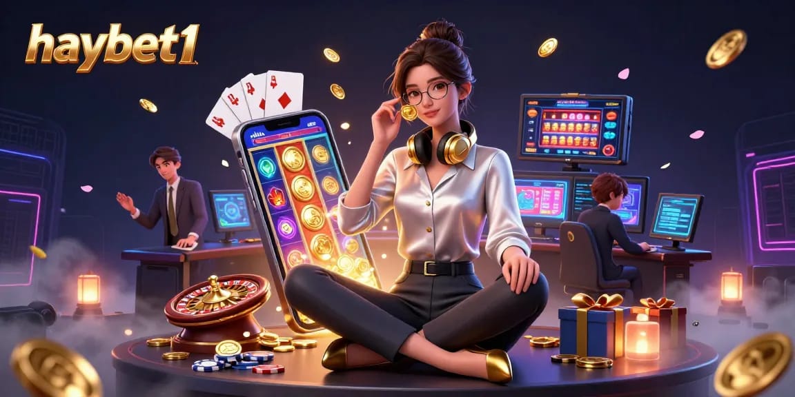 Haybet1 gaming setup showcasing a professional Asian woman mastering casino strategies.
