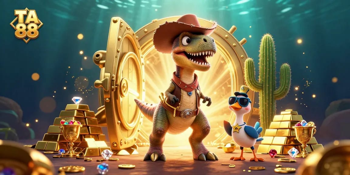 Experience the excitement of TA 88 with a vibrant 3D scene filled with casino treasures and animated characters.