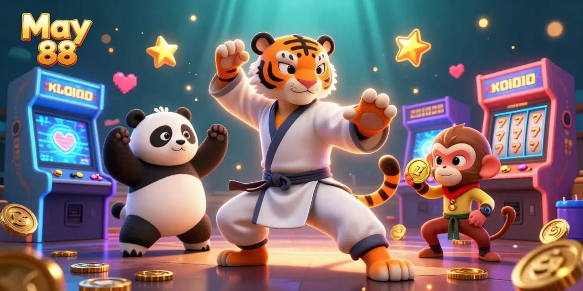 Experience May 88 excitement with a kung fu tiger mastering casino games, surrounded by slot reels.