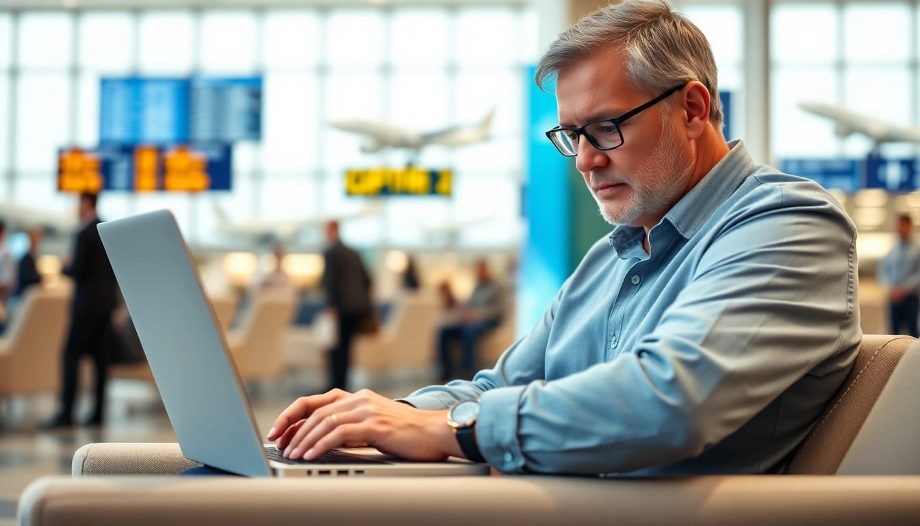 Submit your uk eta online application efficiently with a focused traveler working at an airport lounge.