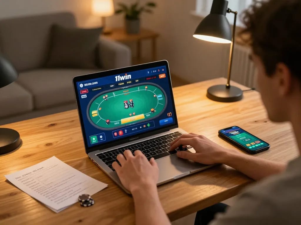 Engaged player strategizing during an online poker session on 11win com at home