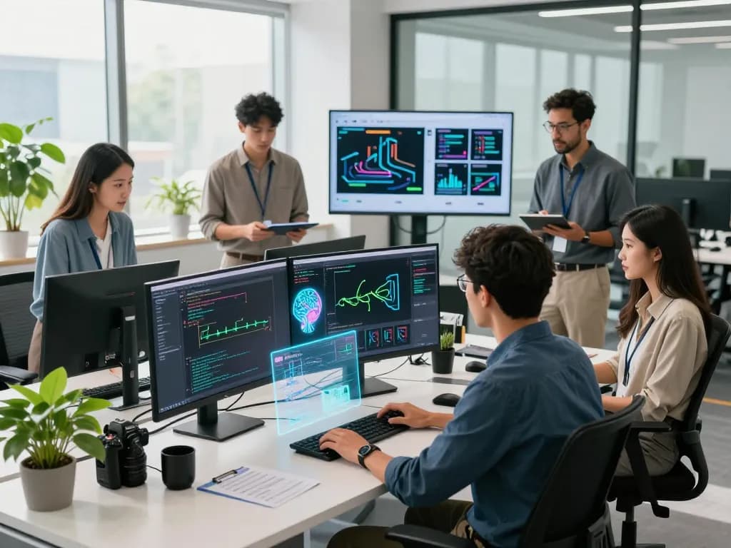 Mind control technology team collaborating on AI development in a modern office.