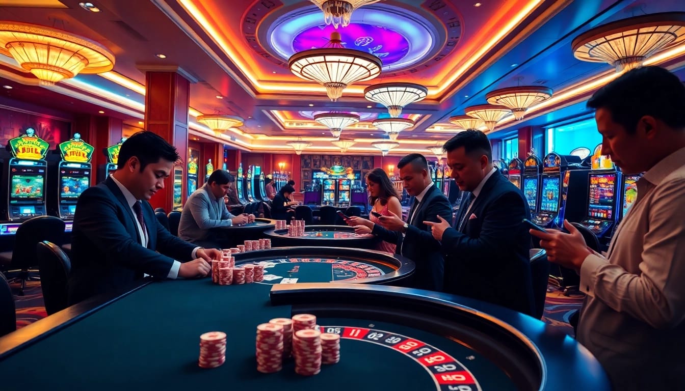 Engage with app bem92 in a vibrant casino setting featuring poker, roulette, and slot machines.