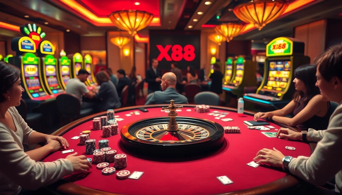 X88 players engaged in a thrilling poker game at a luxurious casino table with vibrant chips and cards.