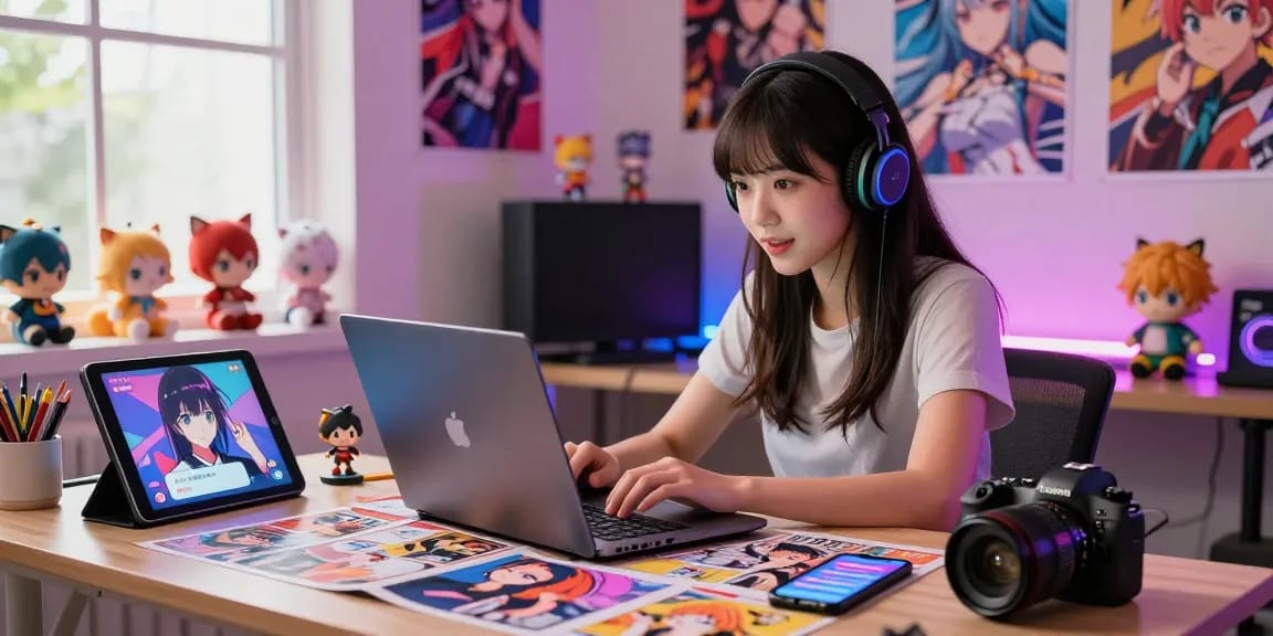 Young woman chatting with ecchi AI characters in a vibrant home office.