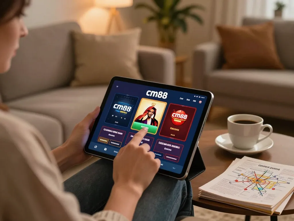 Engaging user explores cm88 casino app on tablet in a cozy home environment.