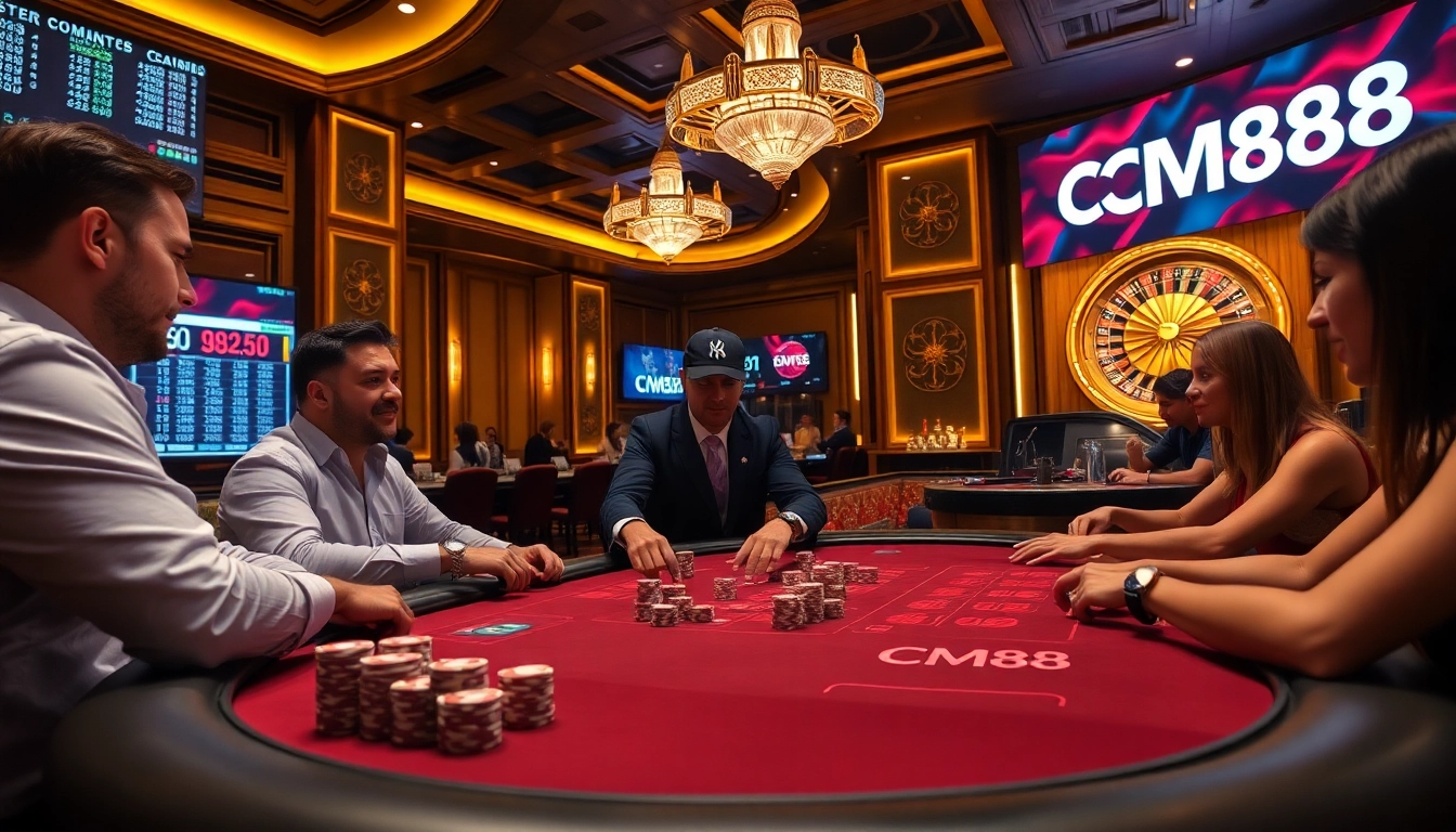 High-stakes gamblers enjoy poker with CM88 branding in an elegant casino.