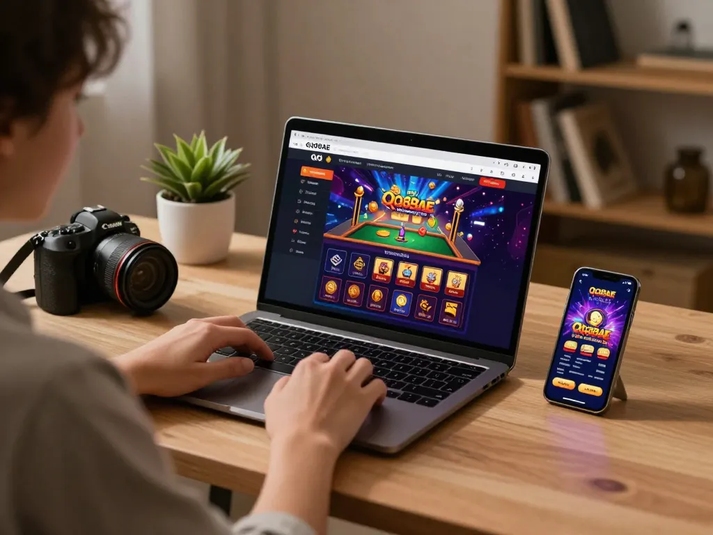 Person engaging with the QQ88AE casino platform on laptop, showcasing a cozy gaming environment.