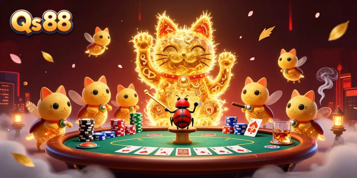 Engage with Qs 88 by enjoying a vibrant 3D illustration of a lucky cat amid dynamic casino elements.