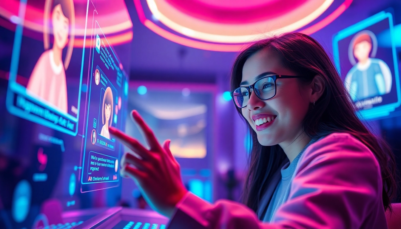 Engaging with Crushon AI on a futuristic digital interface showcasing lively holographic characters.