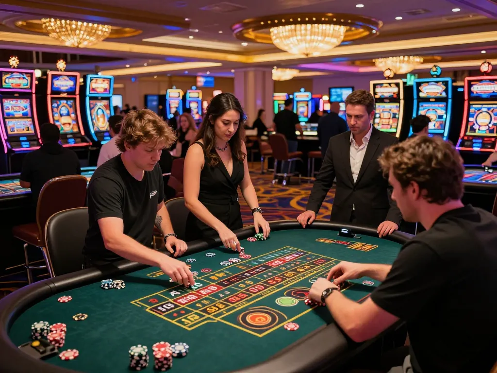 Players engaging at FC88 roulette tables in a lively Vegas casino, showcasing high-stakes excitement.