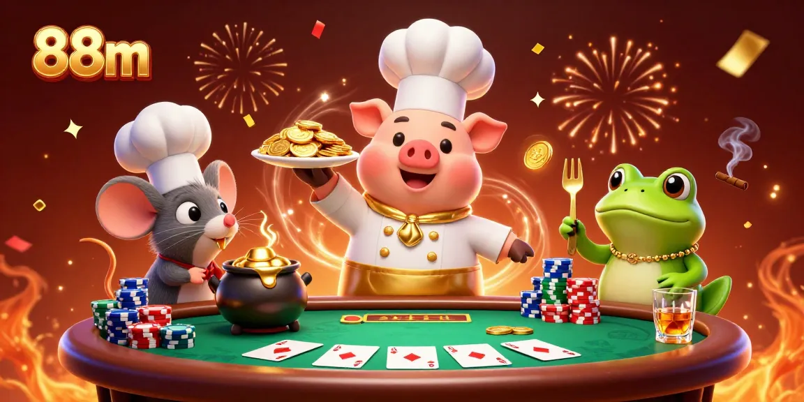 Engaging illustration of 88m online casino featuring characters in a vibrant and dynamic gambling scene.