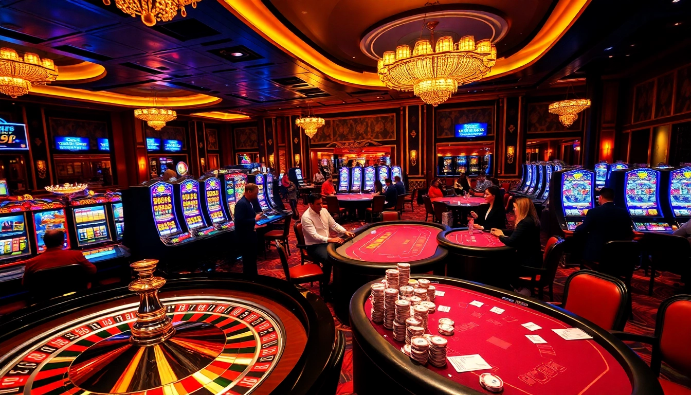 B52CLUB's vibrant casino experience with players around poker tables and flashing slot machines.