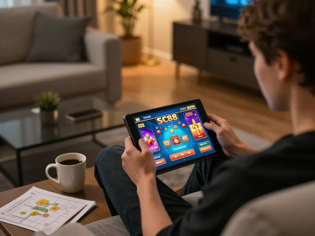 Player enjoying SC88 online casino games on tablet in cozy living room, highlighting responsible gaming.