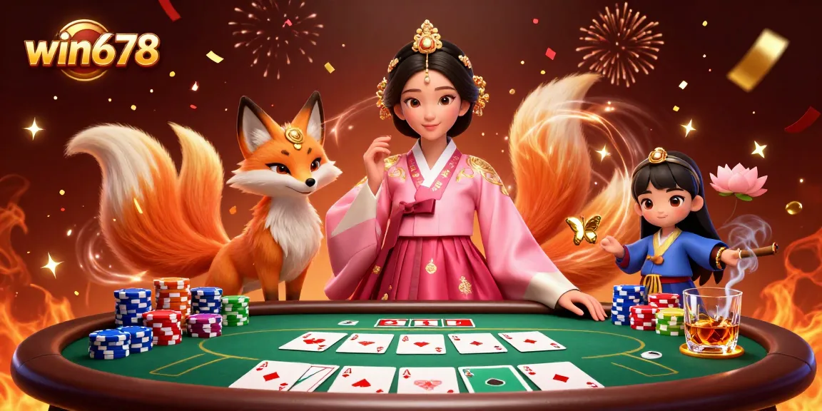Win678 immersive online gaming experience with a graceful Asian woman and a lucky fox amid vibrant casino elements.