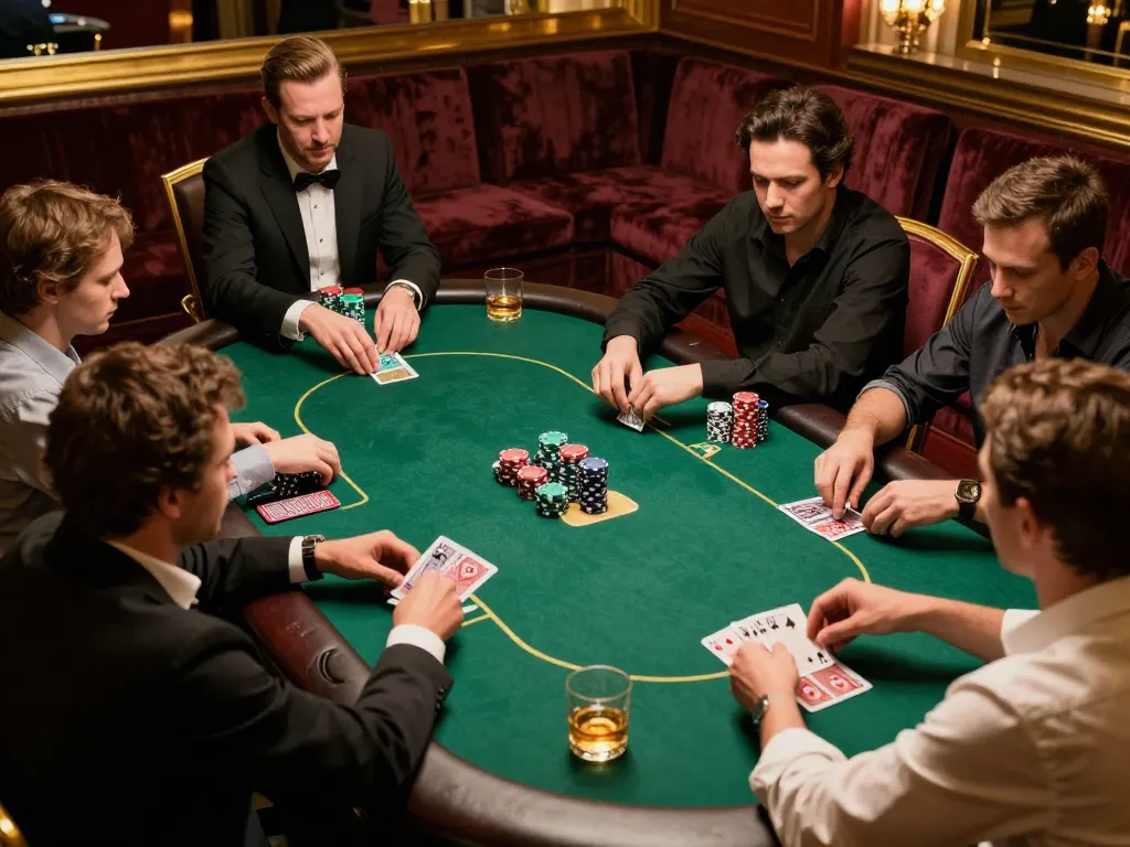 RR88 players strategizing in an intense high-stakes poker game, showcasing the excitement of casino gambling