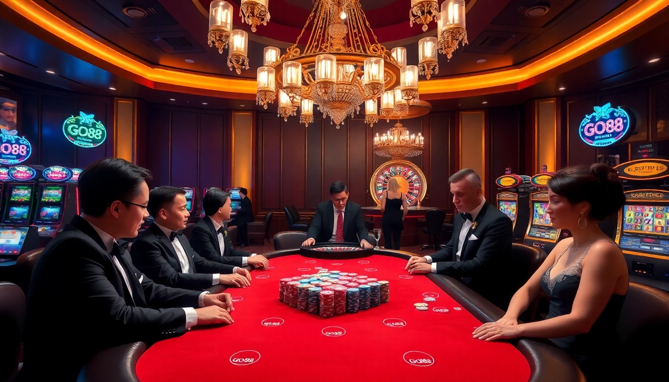 Exciting GO88 casino gameplay at a luxurious poker table with vibrant chips and roulette.