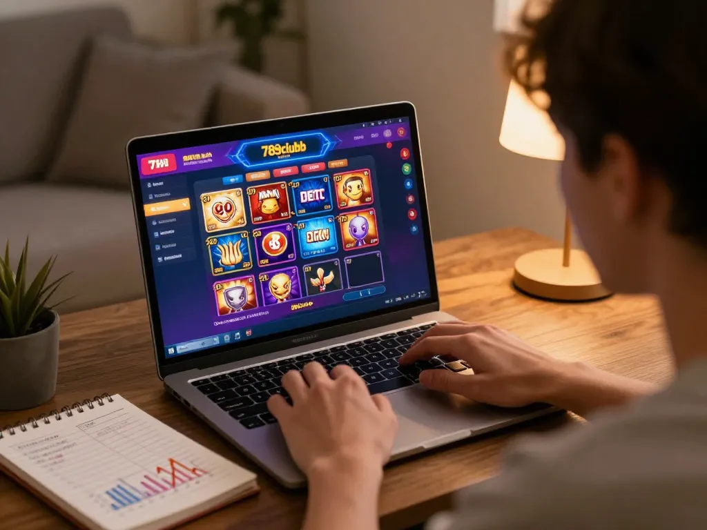 Engaging in online gaming at 789clubb, player strategizing for better odds in a stylish home setting.