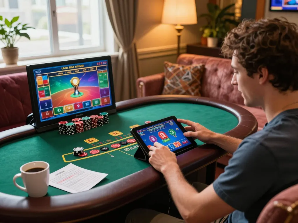 Player enjoying an engaging game at sunwin casino on a tablet in a cozy home setting