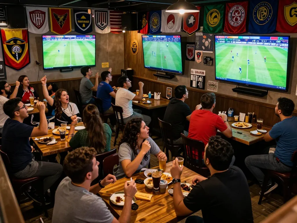 Fans engaged in bóng đá trực tuyến at a sports bar, cheering for their teams with excitement and camaraderie.