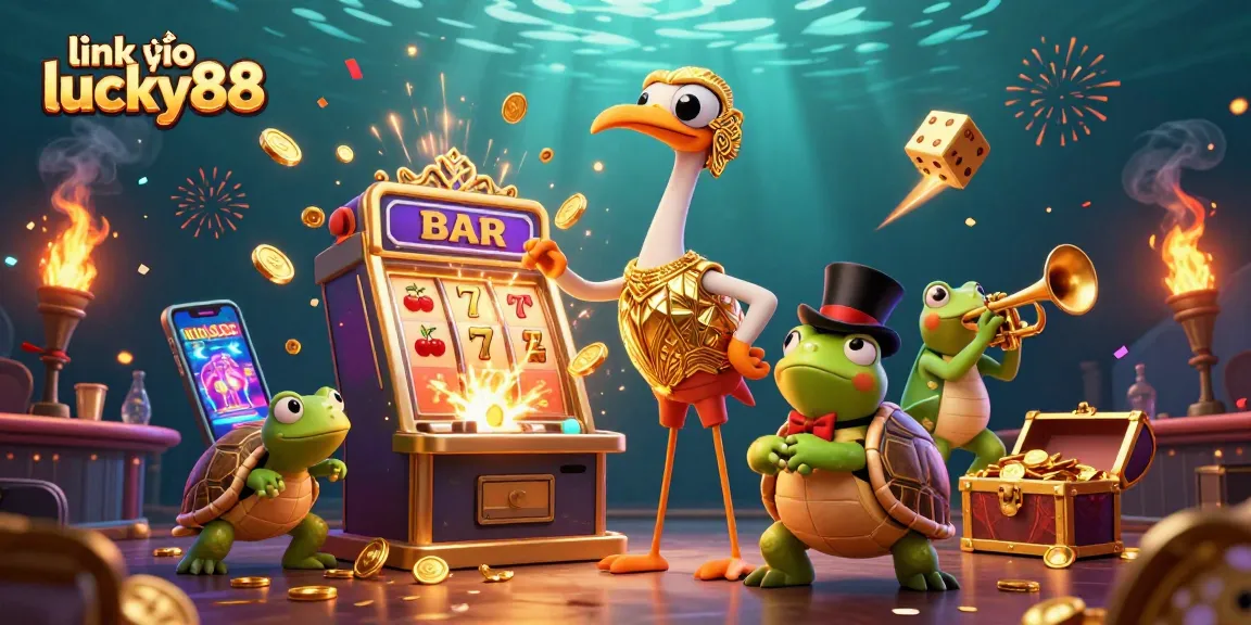 Spin the massive slot machine in the vibrant scene of link vào lucky88, showcasing animated casino characters.
