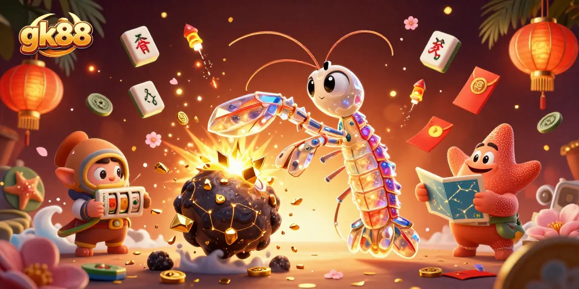 gk88 showcases a vibrant scene where a mantis shrimp breaks an asteroid, spilling gems and coins
