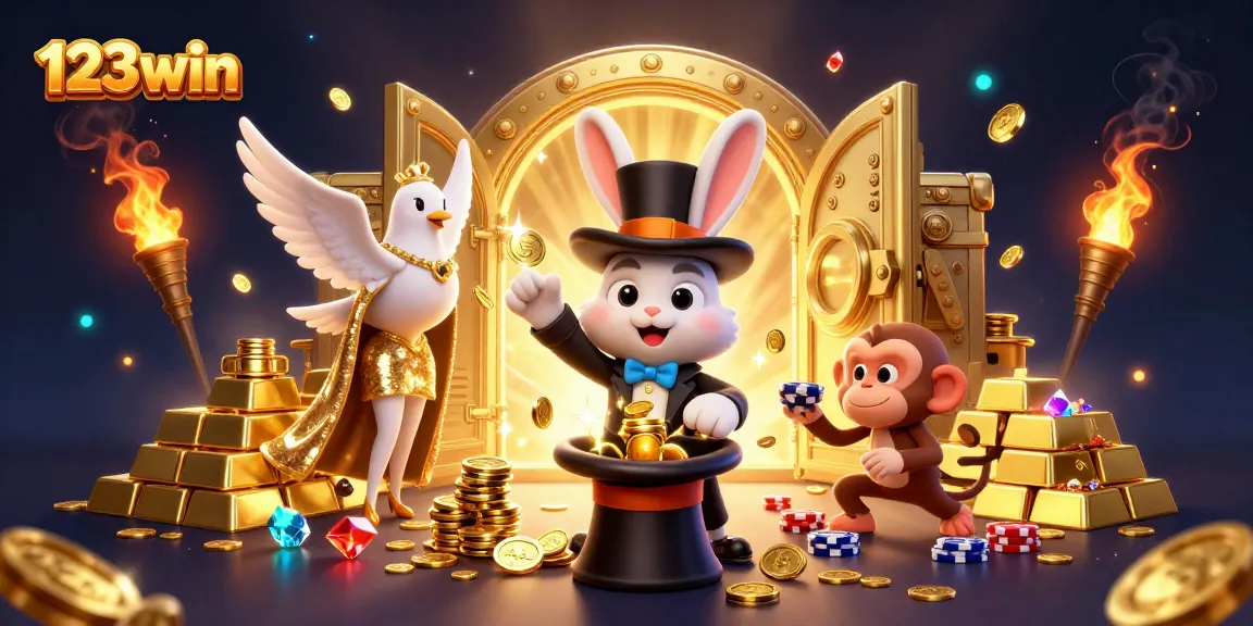 Experience thrilling games at 123win with magical moments featuring coins, poker chips, and treasures.