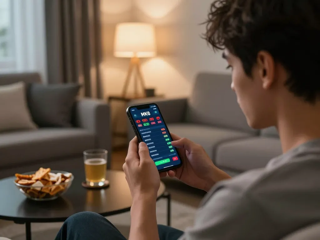 MK8 online sports betting shown on smartphone with a focused gambler in a cozy living room.